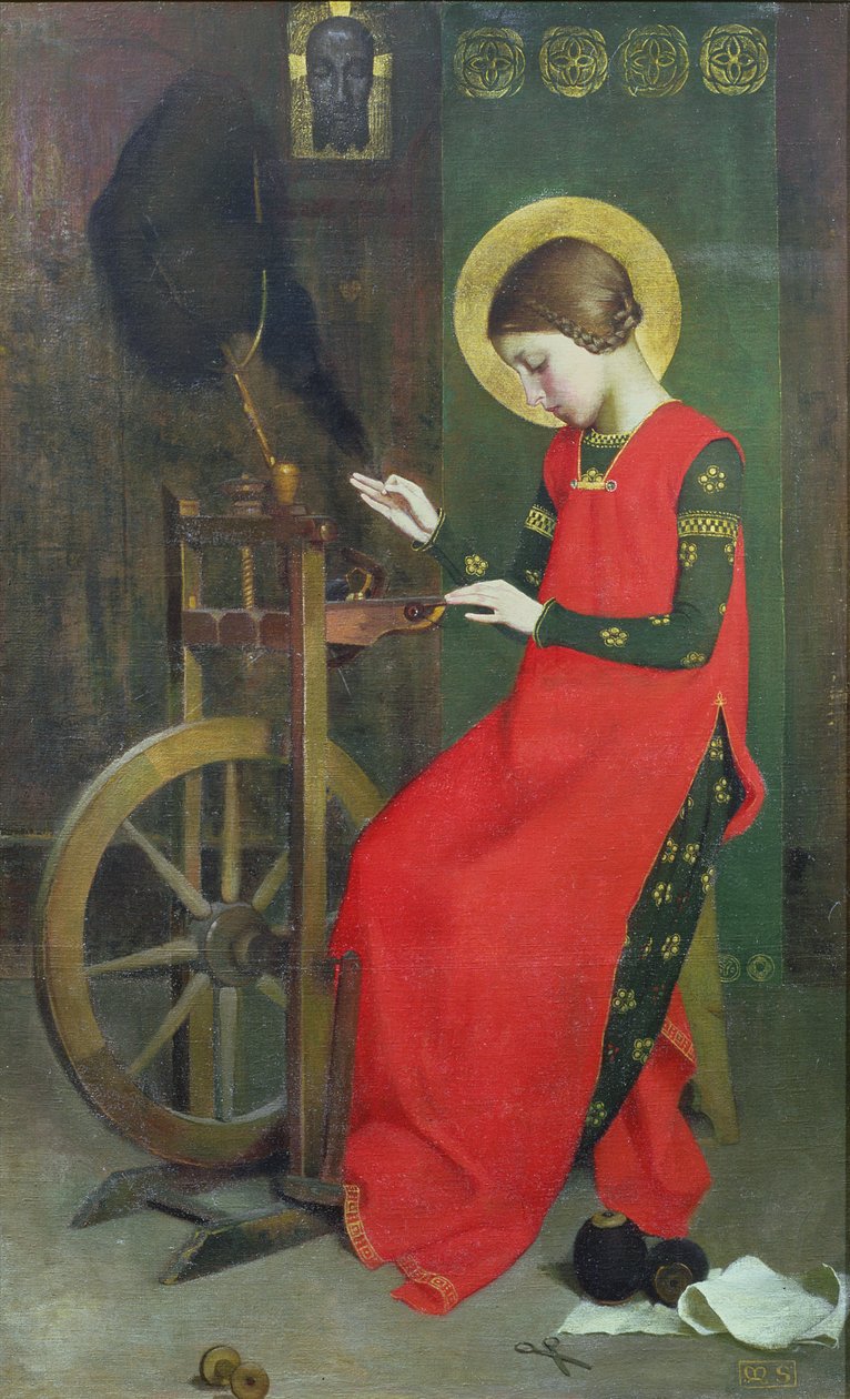 St. Elizabeth av Ungarn spinner ull for de fattige, ca. 1895 av Marianne Stokes