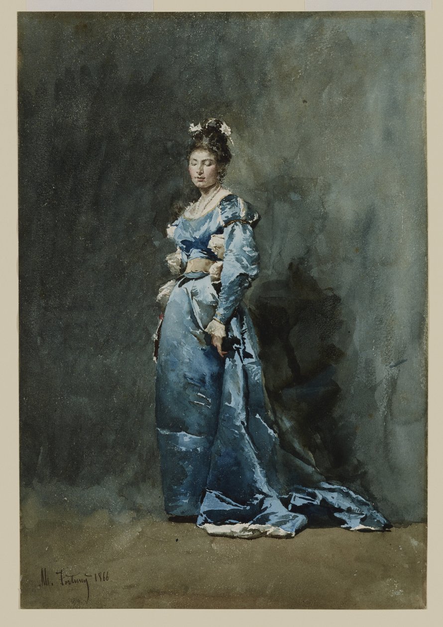 En ung kvinne i en blå kjole, 1866 (wc og hvit gouache på papir) av Mariano José María Bernardo Fortuny y Carbó
