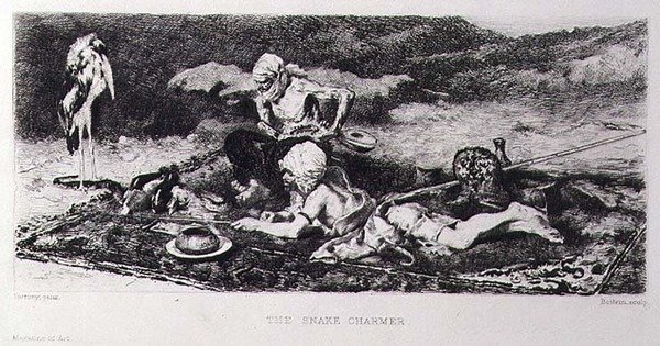 The Snake Charmer, gravert av Emile Boilvin (1845-99) (gravering) av Mariano (after) Fortuny