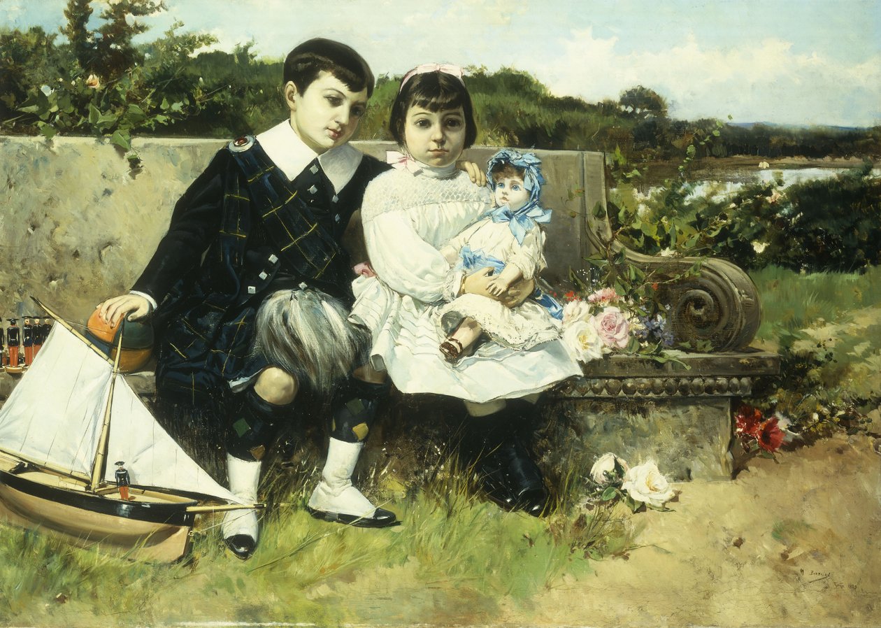 To barn sitter på en parkbenk, 1882 av Mariano Barbasan Lagueruela