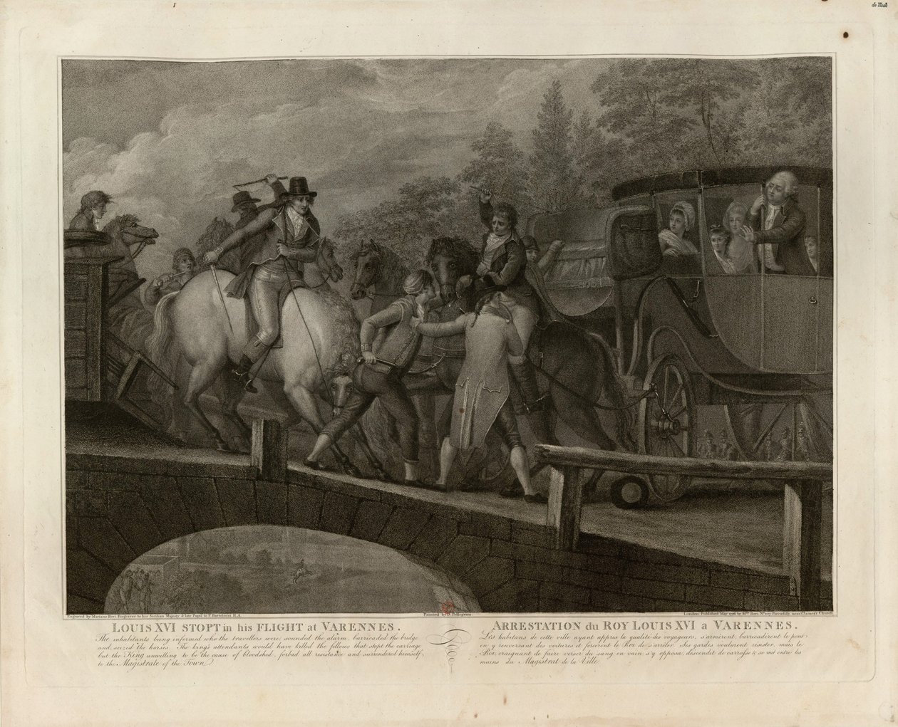 Arrestasjonen av Ludvig XVI og hans familie i Varennes, 22. juni 1791, 1796. av Mariano Bovi