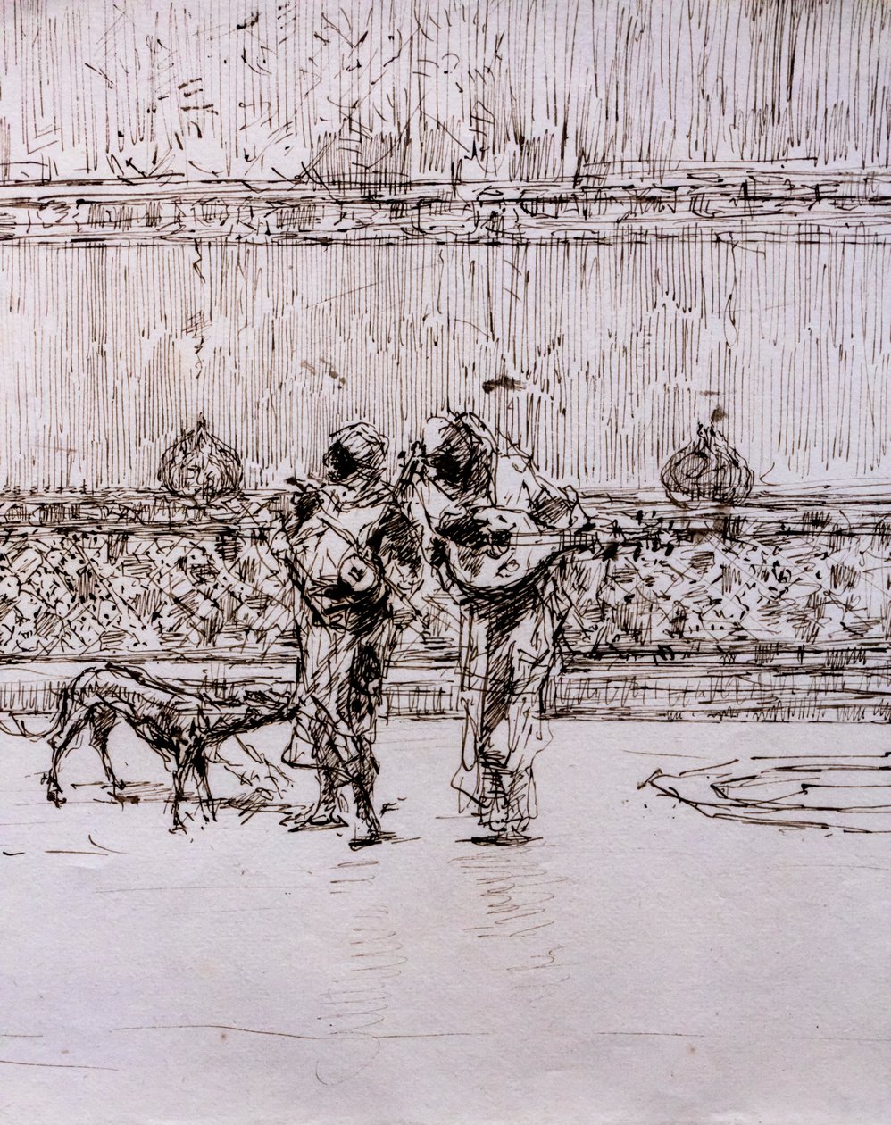 Arabiske musikere foran en maurisk konge, ca. 1870–71 (penn og blekk på vevd papir) av Mariano Fortuny