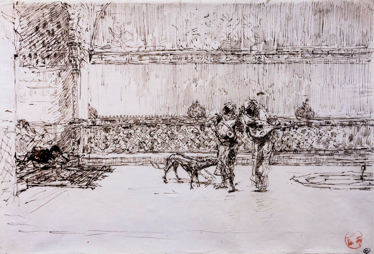 Arabiske musikere foran en maurisk konge, ca. 1870–71 (penn og blekk på vevd papir) av Mariano Fortuny