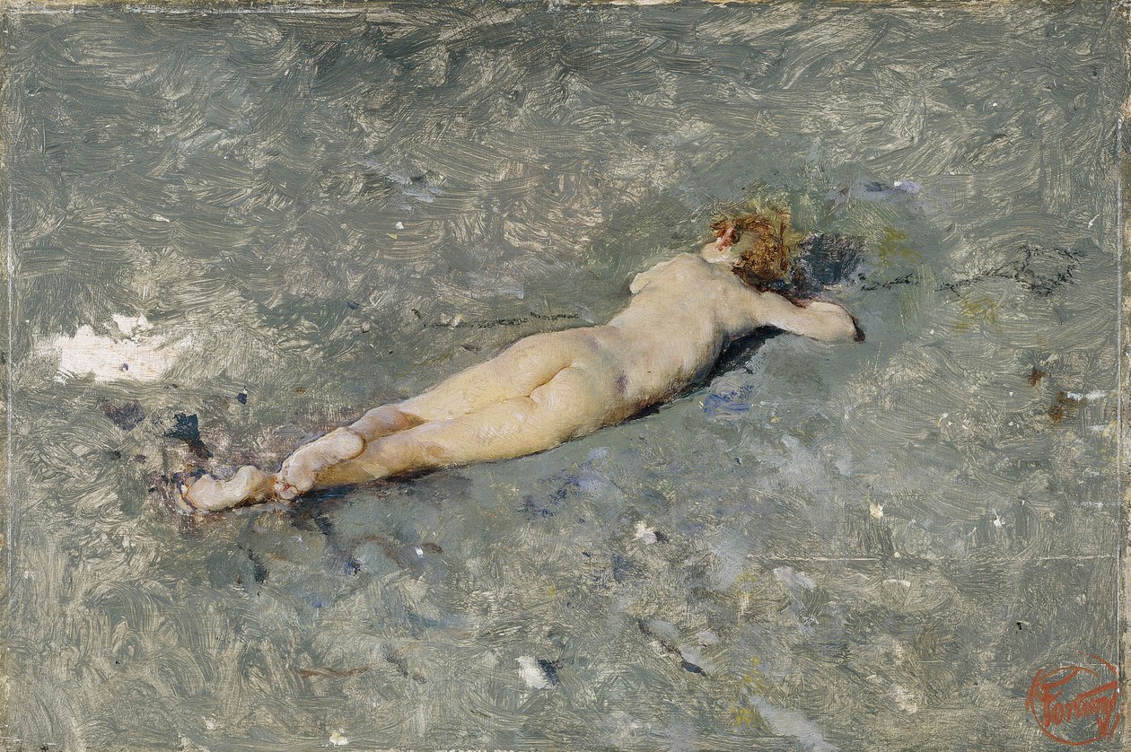 Nakent barn som ligger på stranden ved Portici (naken på stranden ved Portici) - Maleri av Mariano Fortuny (1838-1874) av Mariano Fortuny y Marsal
