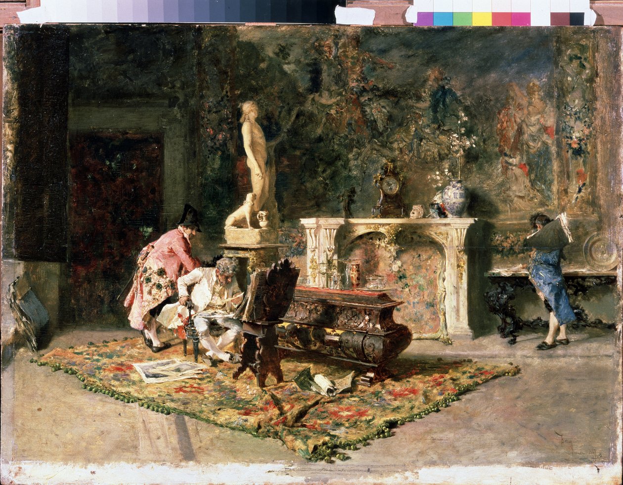 L'amateur de gravures (d'estampes). (Elskere av trykk). Maleri av Mariano Fortuny y Marsal (1838-1874) av Mariano Fortuny y Marsal