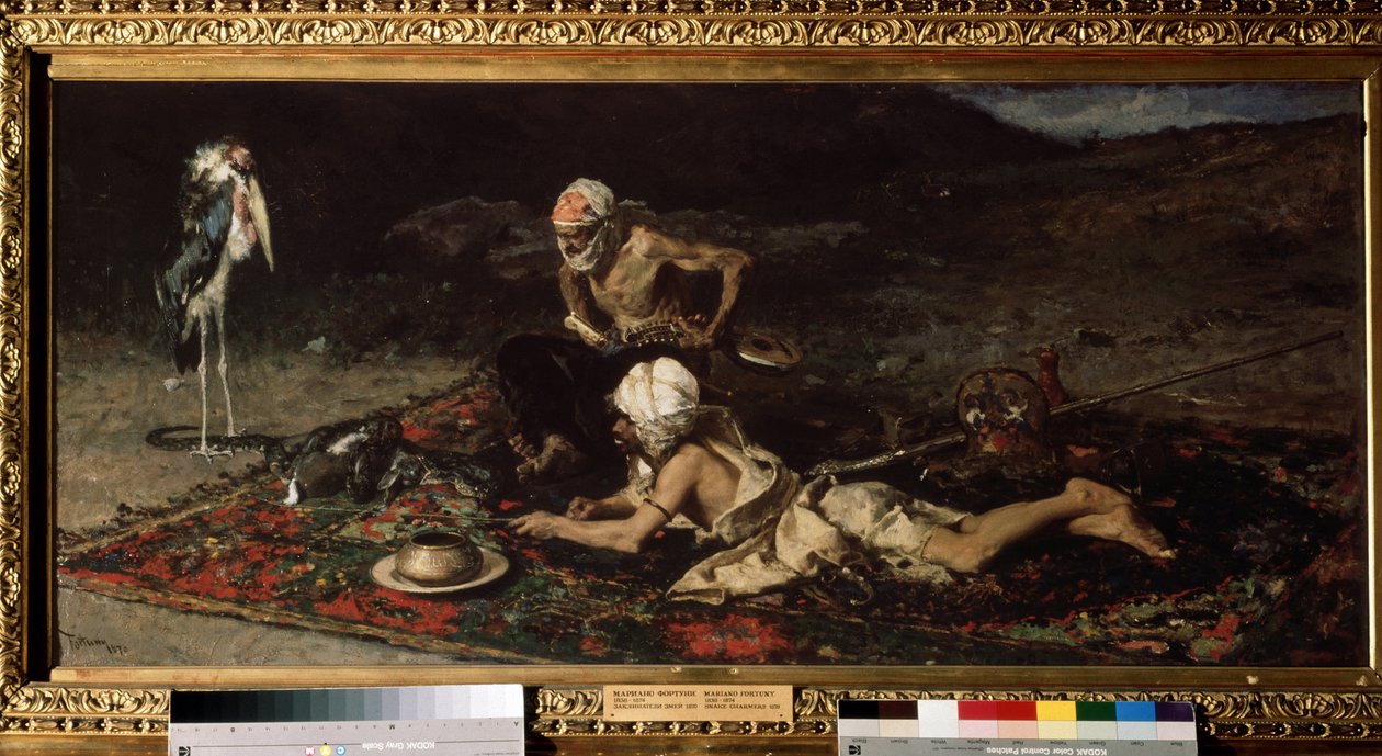 ""The Snake Charmers"" Hinduiske Snake Charmers tilbyr en kanin til slangen (Hindu Snake Charmers). Maleri av Mariano Fortuny y Marsal (1838-1874) av Mariano Fortuny y Marsal