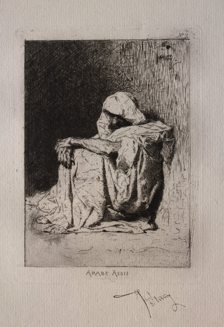 Arab sitter med hendene i kryss på knærne. av Mariano José María Bernardo Fortuny y Carbó