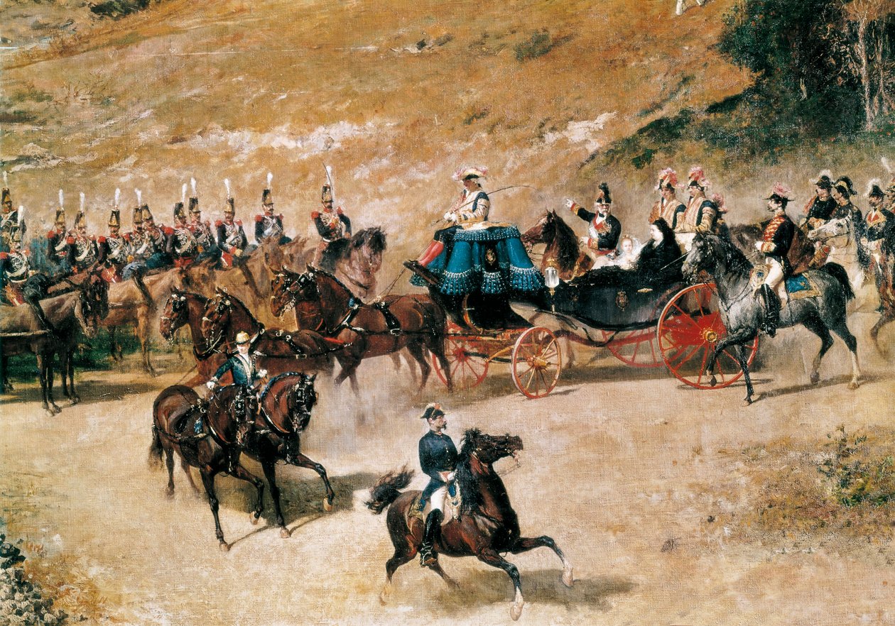 Dronning María Cristina og hennes datter, Isabel II, gjennomgikk artilleribatteriene som forsvarte Madrid i 1837, detalj, ca. 1866 (olje på lerret) av Mariano José María Bernardo Fortuny y Carbó