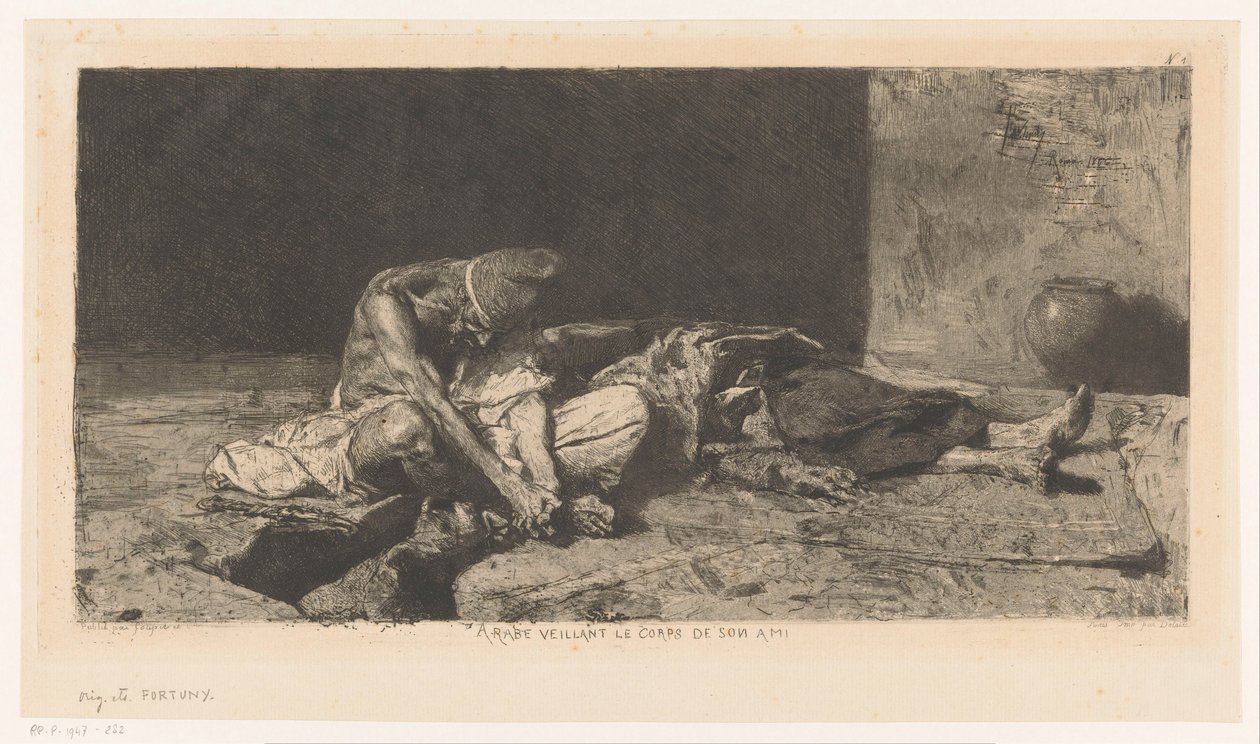 Arabisk mann våker over vennens døde kropp Arabe veillant sur le corps de son ami (tittel på objekt) av Mariano José María Bernardo Fortuny y Carbó