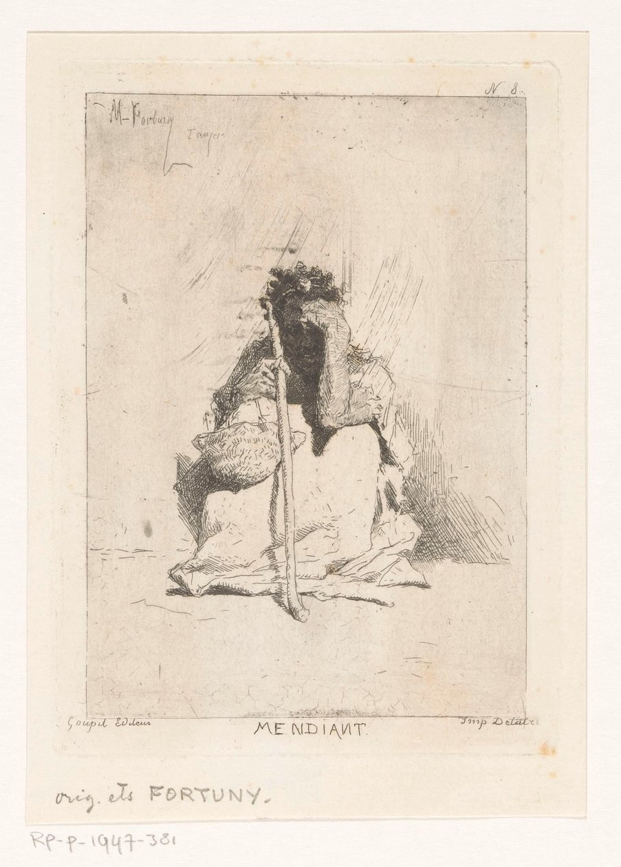 Sittende tigger med pinne Mendiant (tittel på objekt) av Mariano José María Bernardo Fortuny y Carbó