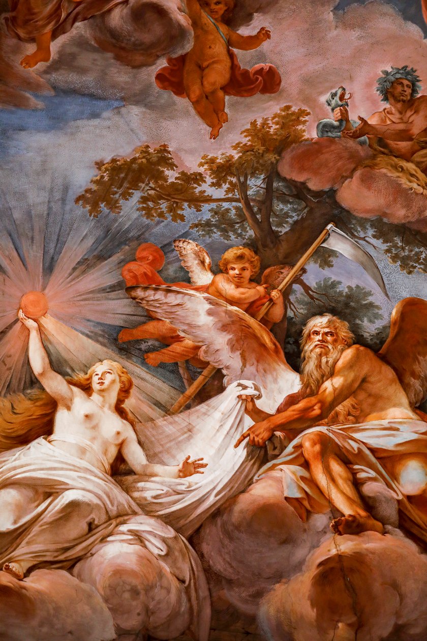 Romulus blir ønsket velkommen i Olympus av Jupiter. Detalj av "Apotheosis of Romulus" 1775 -1779, freskomaleri av Mariano Rossi