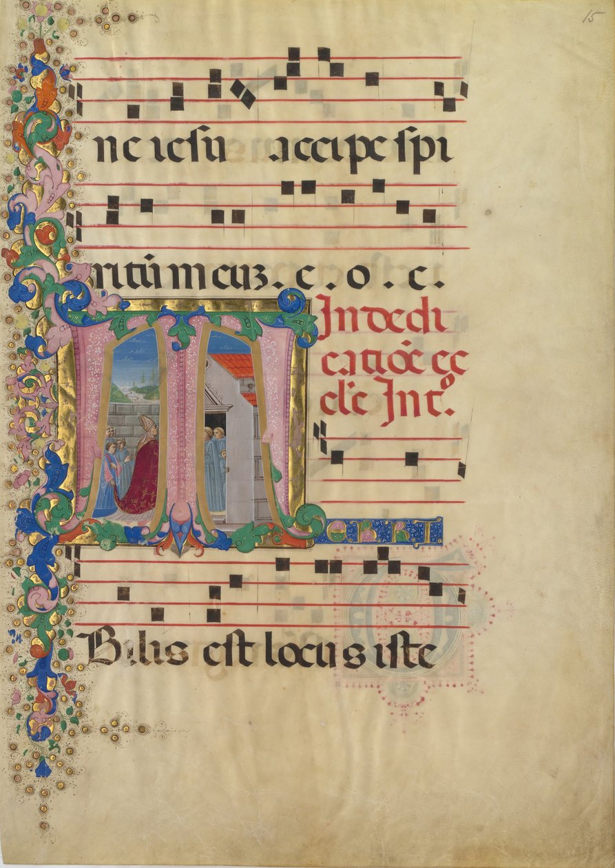 Manuskriptblad med innvielsen av en kirke i en innledende T, fra en gradvis, andre halvdel av 1400-tallet. av Mariano del Buono