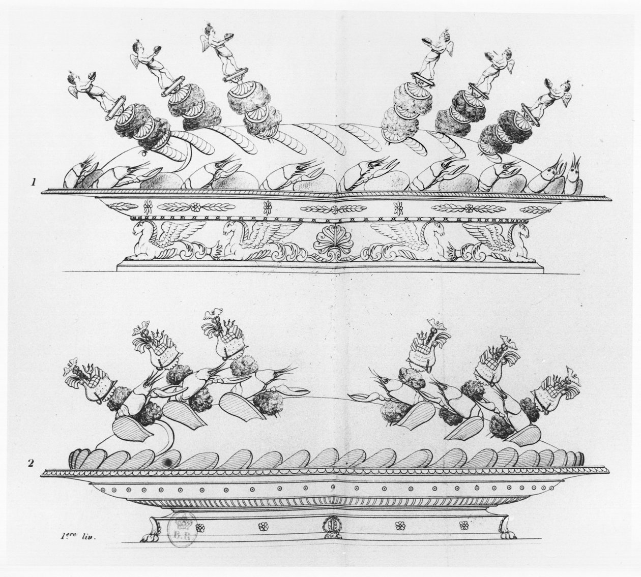 Design for matdekorasjon fra 'L'Art de la Cuisine francaise' av Antoine Careme, utgitt 1833 av Marie Antoine Careme