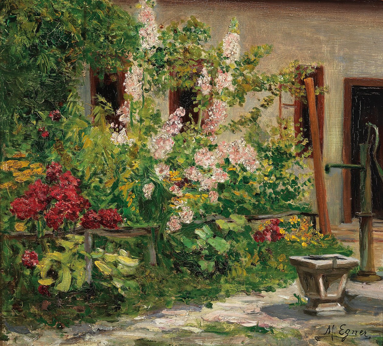 Forhage med blomstrende hollyhocks Engelsk: Front Garden with Blossoming Hollyhocks av Marie Egner