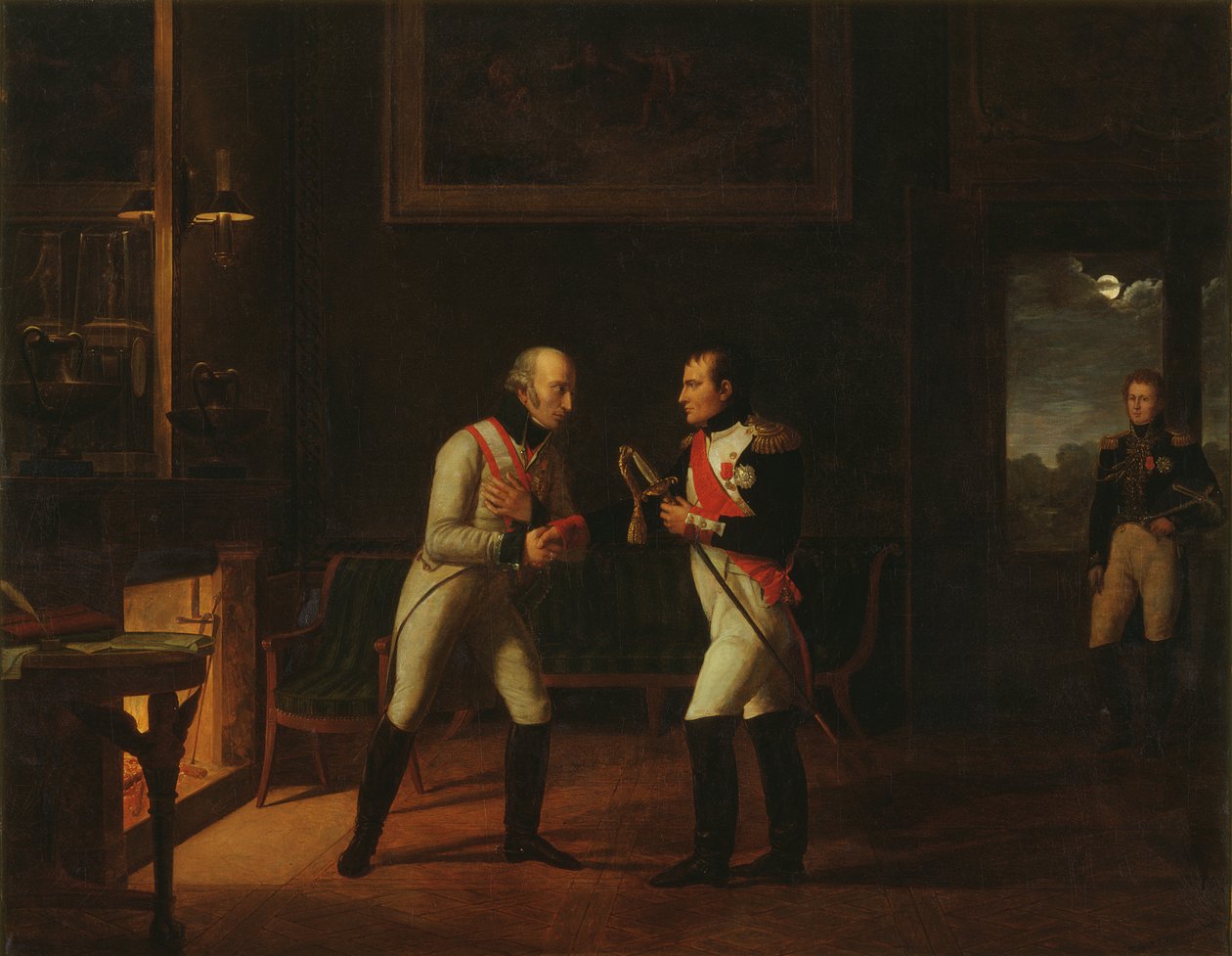 Møte mellom Napoleon Bonaparte (1769-1821) og erkehertug Charles (1771-1847) av Østerrike i Stammersdorf, 17. desember 1808 av Marie Nicolas Ponce Camus