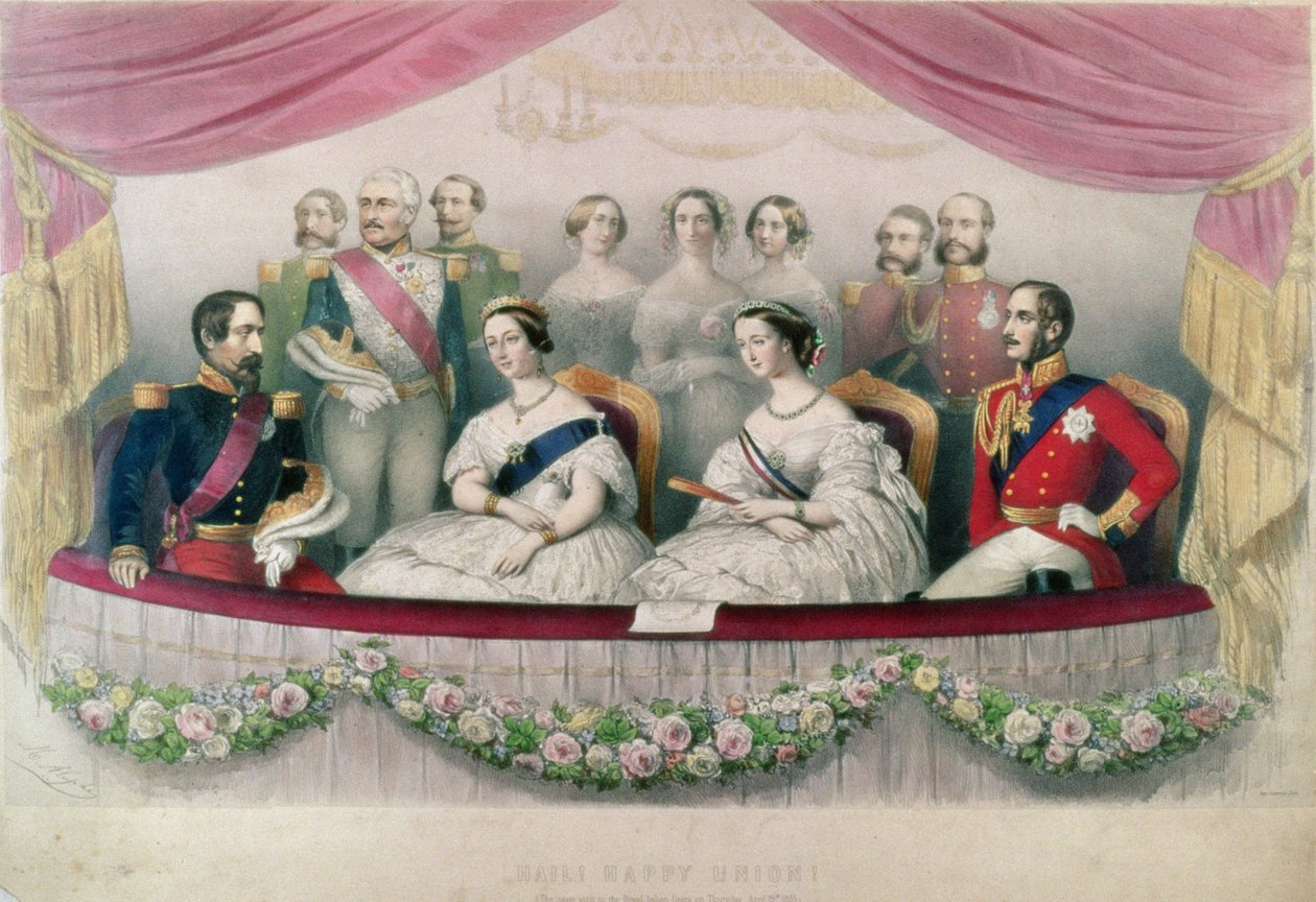 Hail Happy Union, statsbesøket til den kongelige italienske operaen av dronning Victoria, prins Albert og keiseren og keiserinnen av Frankrike, 1855 av Marie Alexandre Alophe