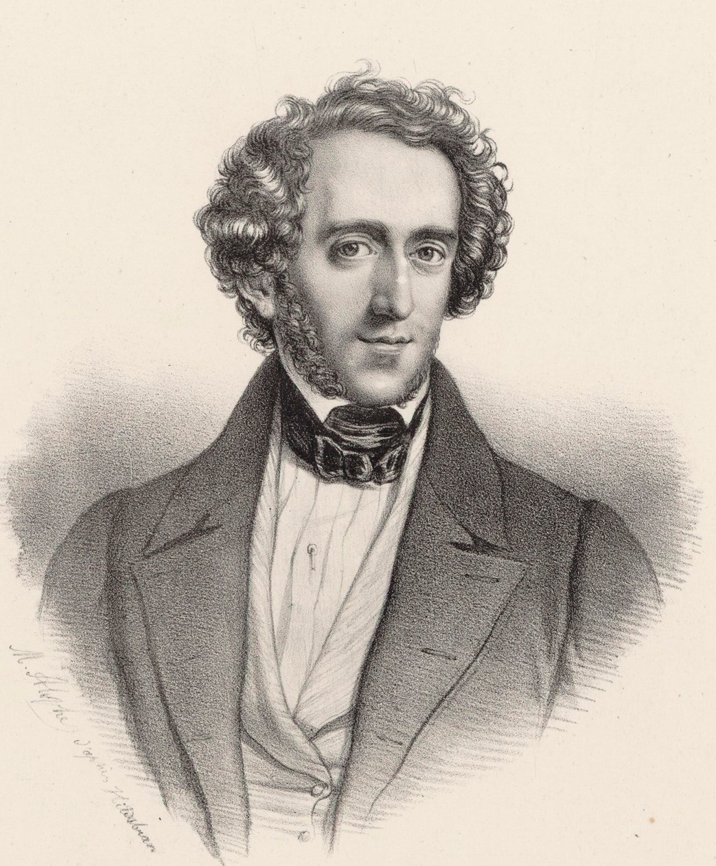 Portrett av pianisten og komponisten Felix Mendelssohn Bartholdy 1809-1847. av Marie Alexandre Menut Alophe
