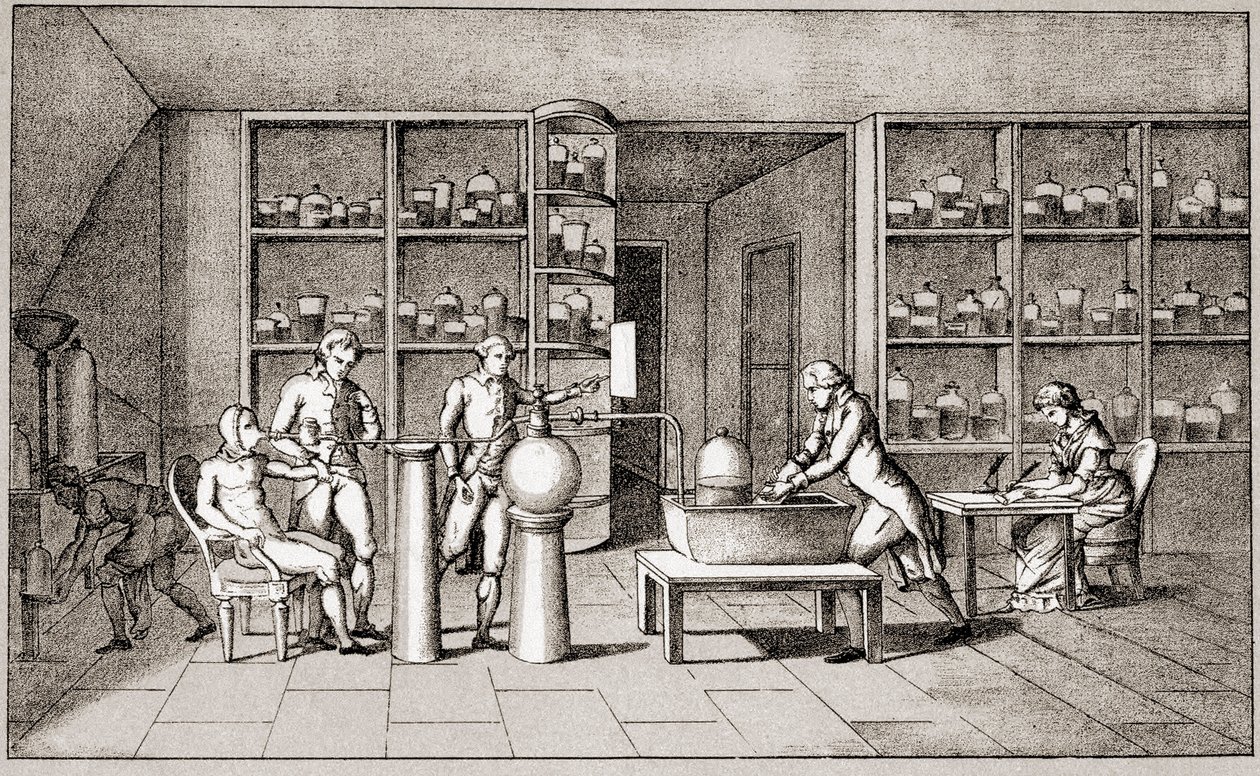 Antoine Laurent de Lavoisier (1743-1794), French chemist conducting an experiment on the breathing of man at rest. Drawing by Mrs Lavoisier.Paris 18th century.Leemage collection av Marie Anne Pierrette Lavoisier