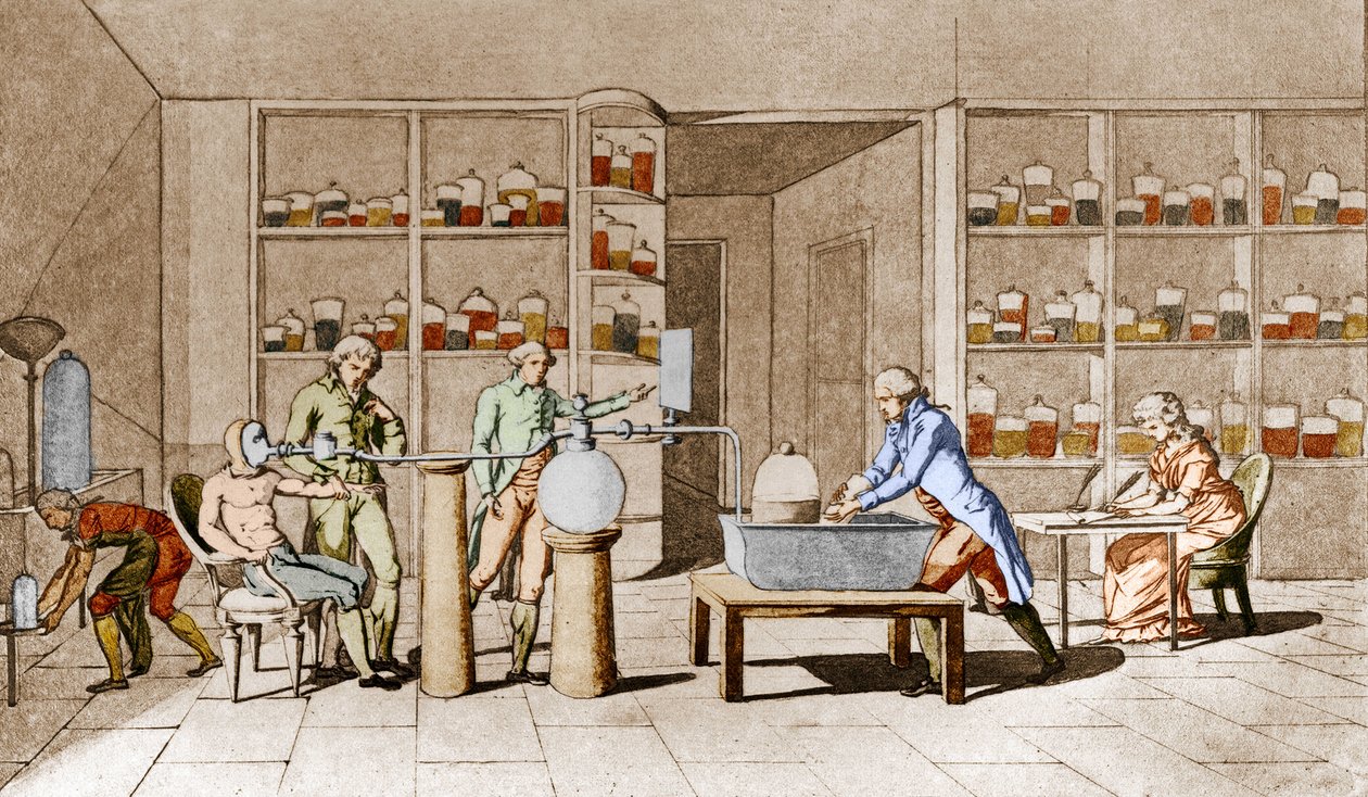 Antoine Laurent de Lavoisier (1743-1794), French chemist, has an experience on the breathing of man at rest. From the drawing of Mme Lavoisier.Paris 18th century. Leemage collection av Marie Anne Pierrette Lavoisier