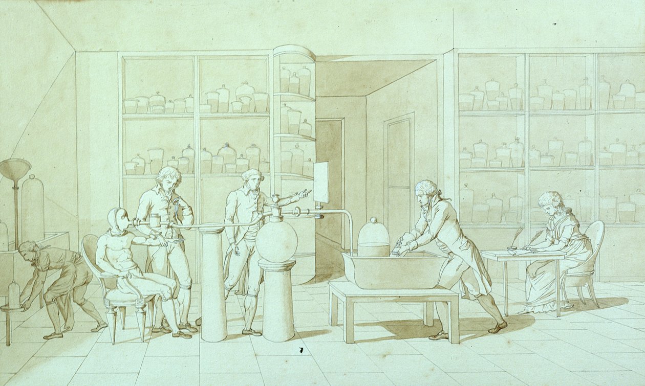 Antoine Lavoisier (1743-94) og hans eksperimenter med respirasjon (penn og blekk og sepia vask på papir) av Marie Anne Pierrette Lavoisier