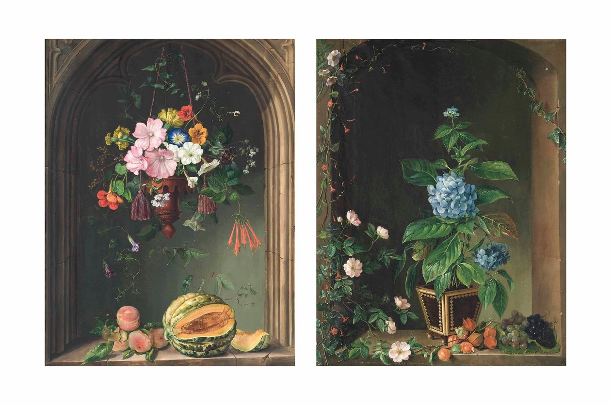 Nasturtiums, convolvulus, geranier, petunia og andre blomster i en ær hengt under en bue over fersken og en melon; og Hortensia, roser, eføy, druer og andre blomster i en bue (olje på lerret) av Marie Auersperg