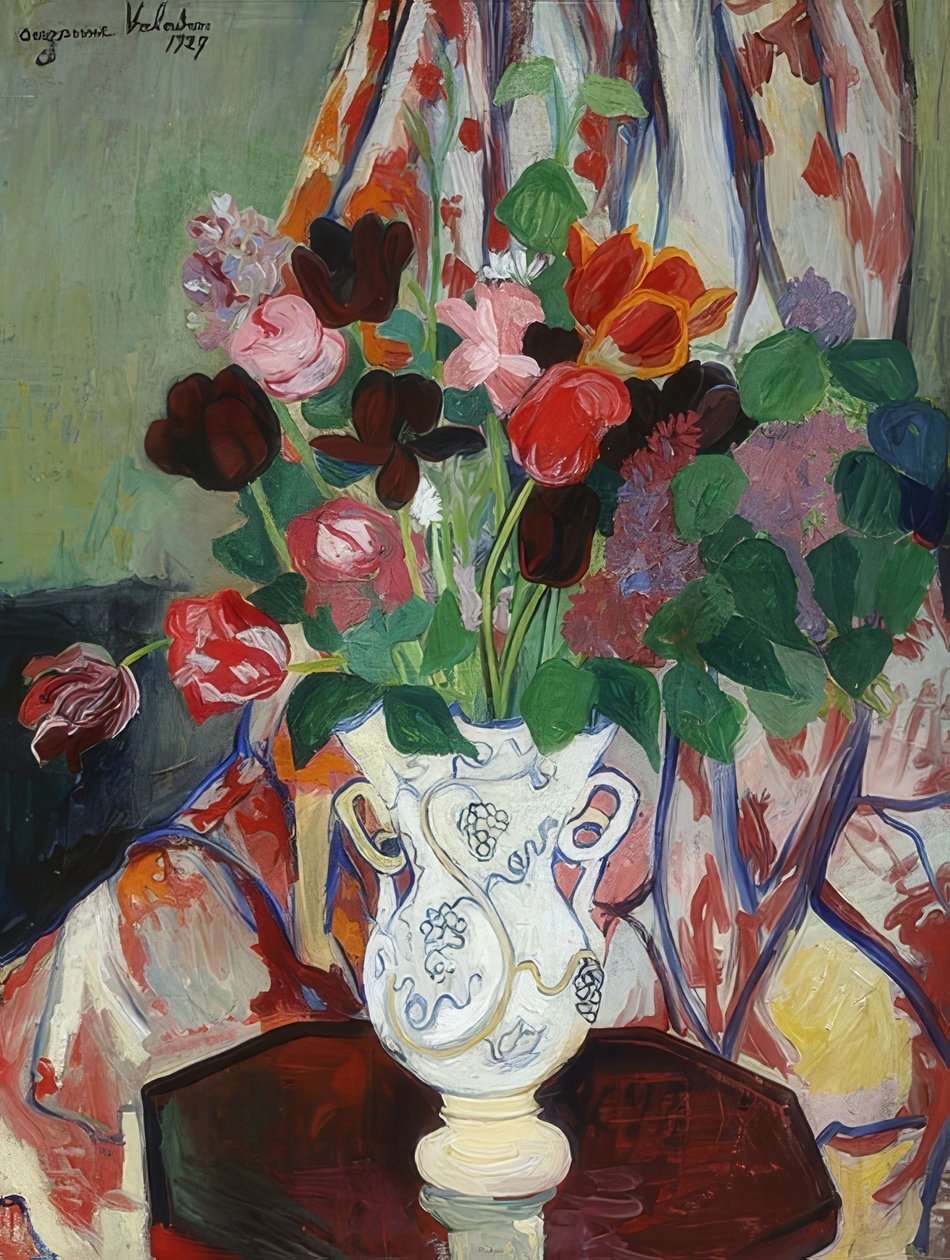 Vase med tulipaner. 1927 av Marie Clementine (Suzanne) Valadon