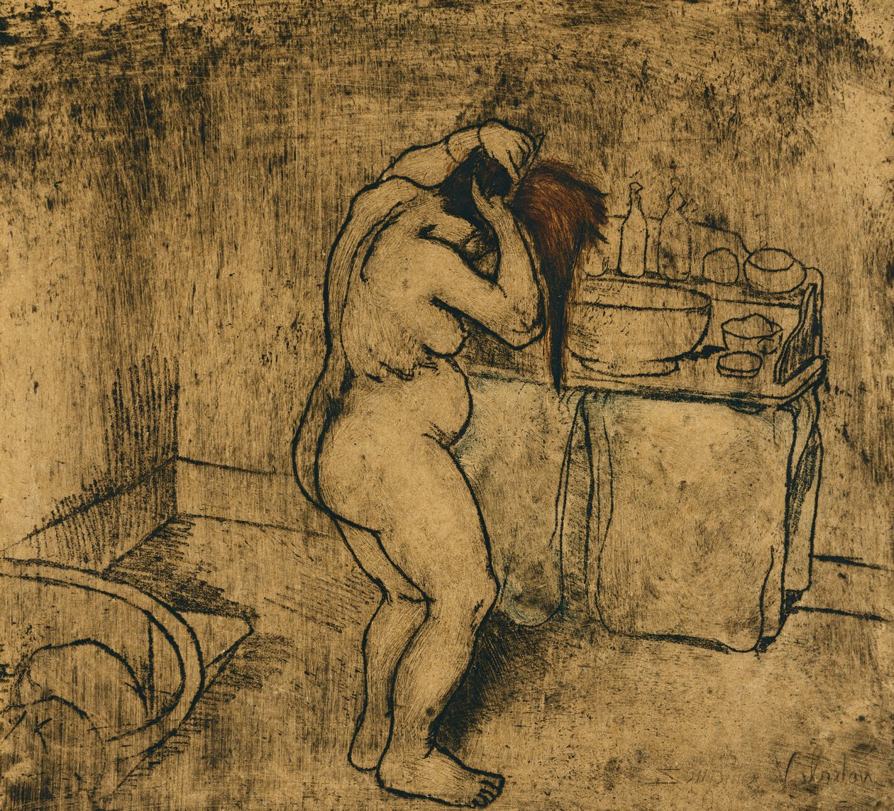 Catherine naken gre håret hennes; Catherine nakent hår, 1895 av Marie Clementine Valadon