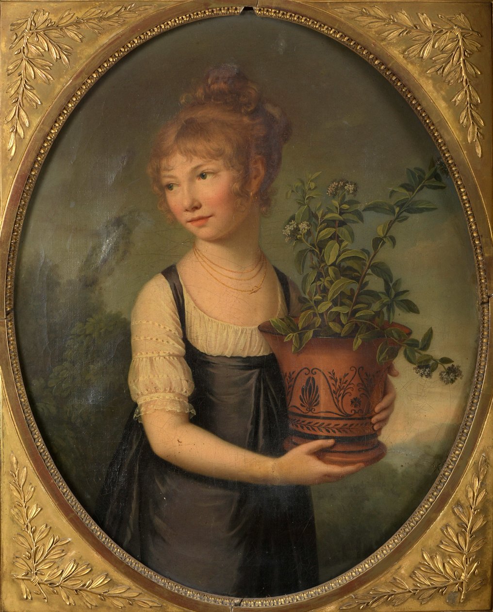 Madame Larsonnier, født Edmée Gabiou som en liten jente med en etruskisk vase. av Marie Elisabeth Lemoine
