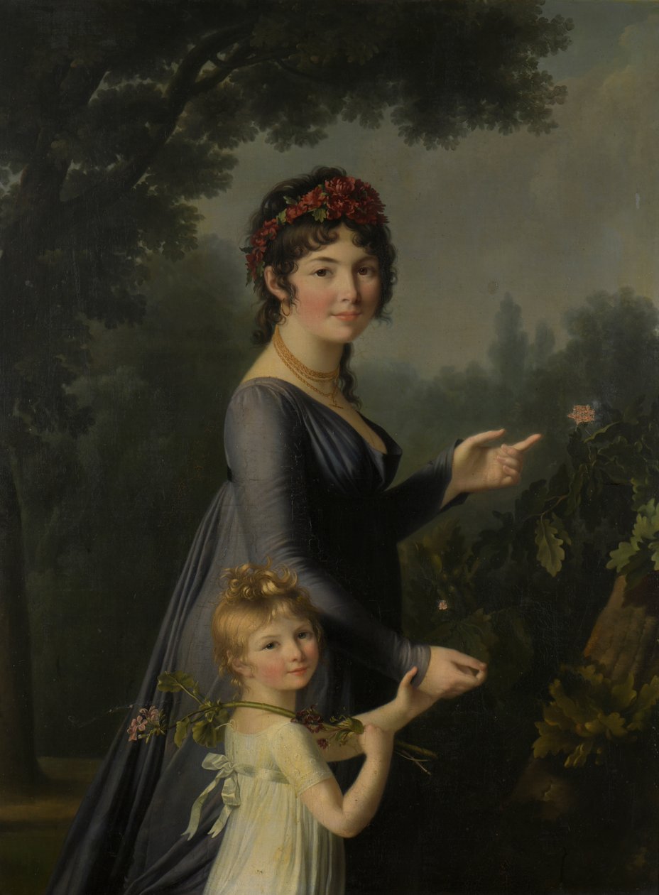 Portrett av Marie Geneviève Lemoine med datteren Anne Aglaé Deluchi i en park. av Marie Elisabeth Lemoine
