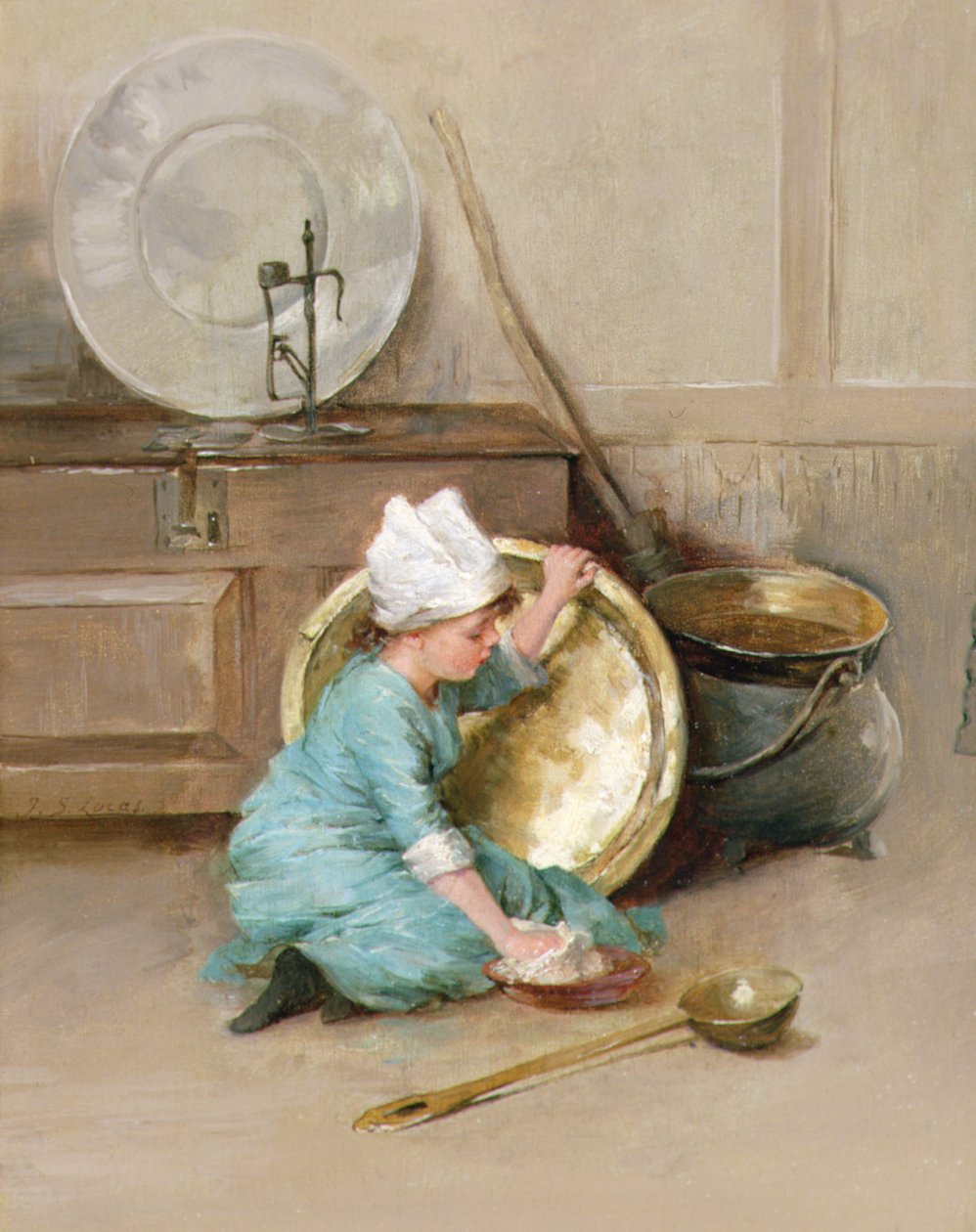 Polering av messing, ca. 1900 (olje på panel) av Marie Elizabeth Seymour Lucas