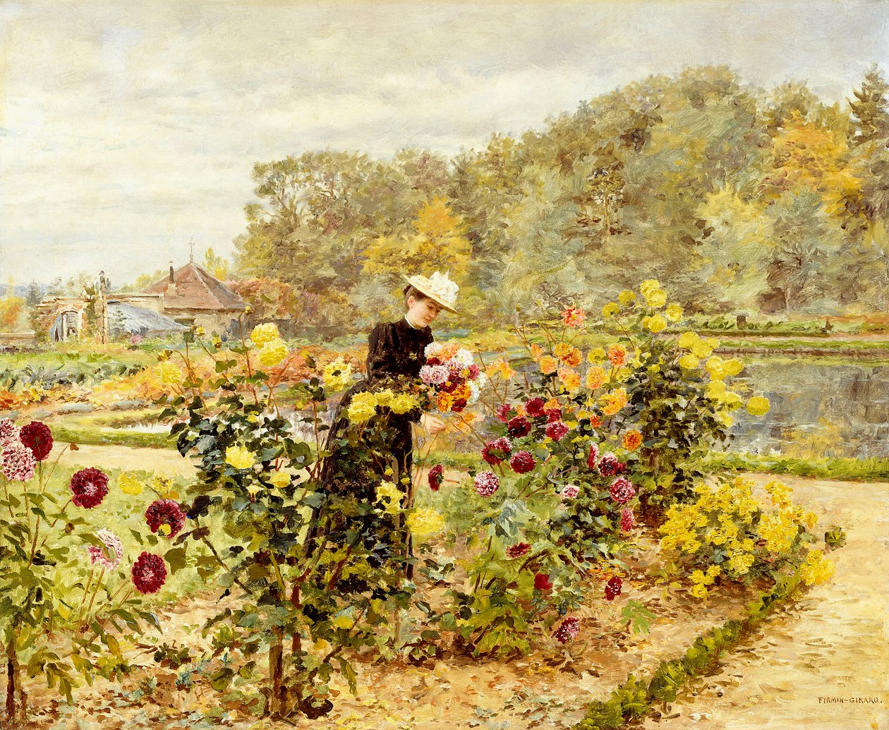 En elegant kvinne i en rosehage, av Marie Francois Firmin Girard