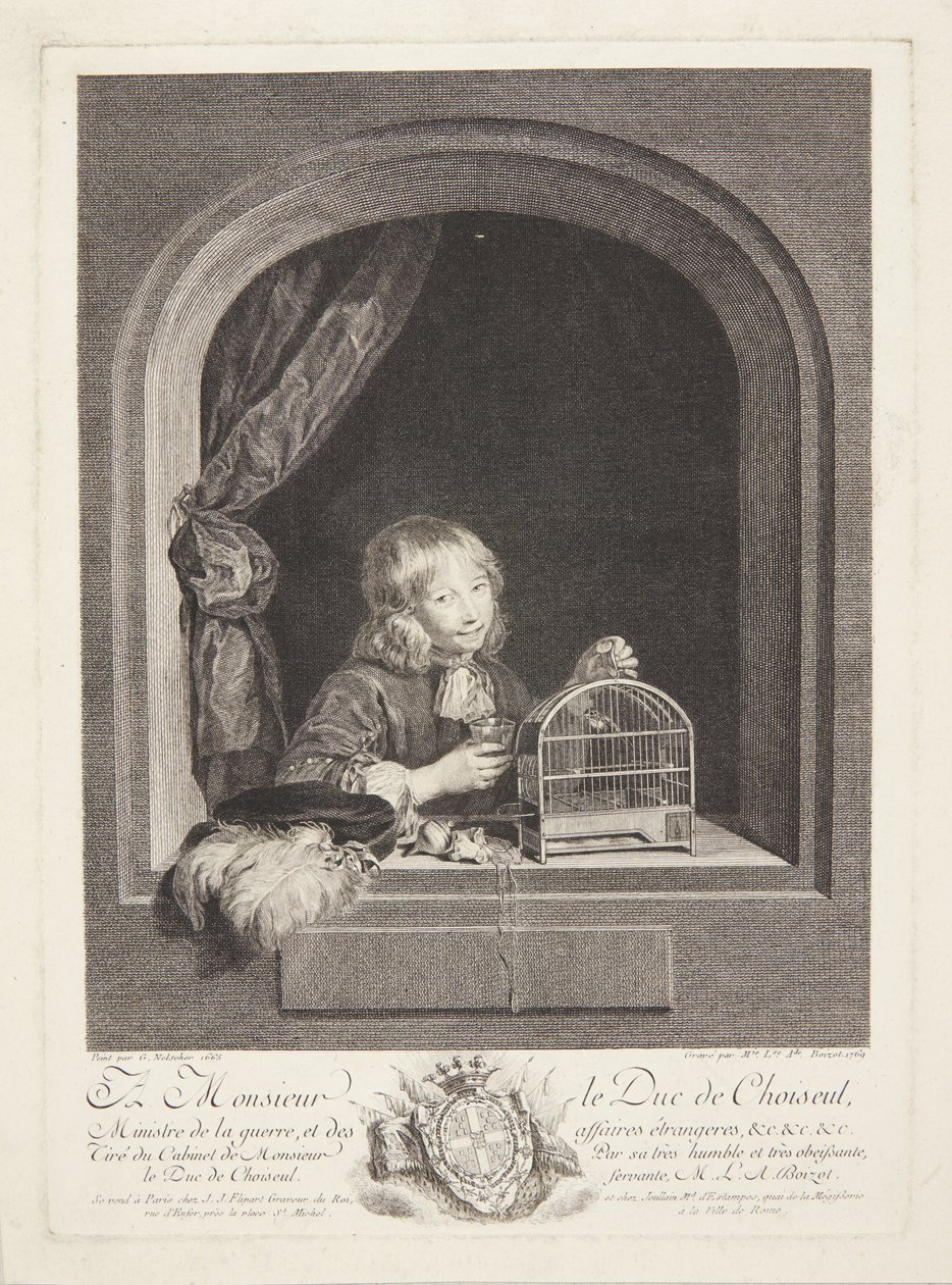 En gutt med et fuglebur i et vindu av Marie Louise Adélaïde Boizot