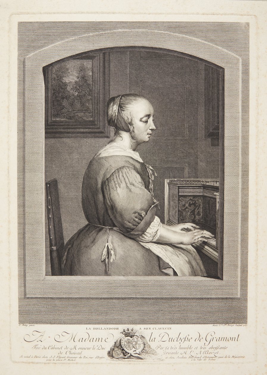 En nederlandsk kvinne spiller cembalo, sett gjennom et vindu av Marie Louise Adélaïde Boizot