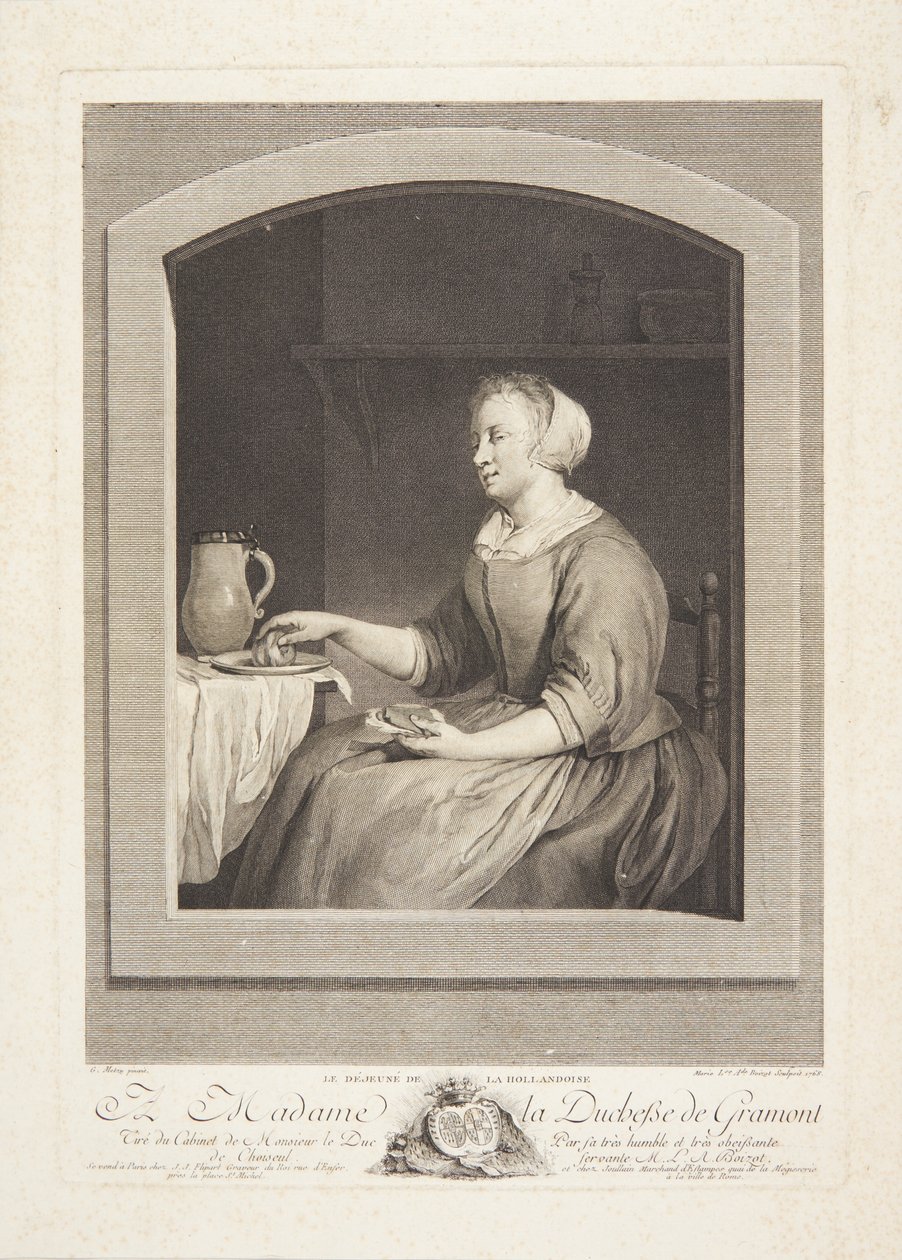 En nederlandsk kvinne som spiser frokost, sett gjennom et vindu av Marie Louise Adélaïde Boizot