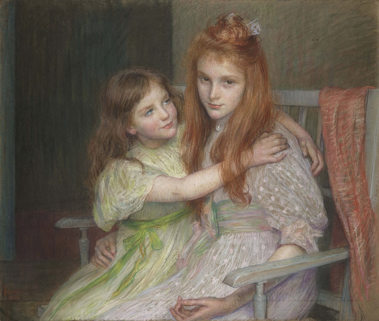 To jenter sitter på en benk av Marie Louise Catherine Breslau