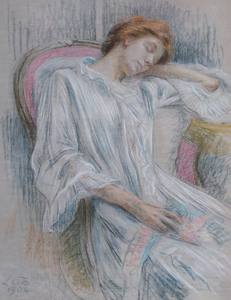 Ung kvinne sover i en stol av Marie Louise Catherine Breslau