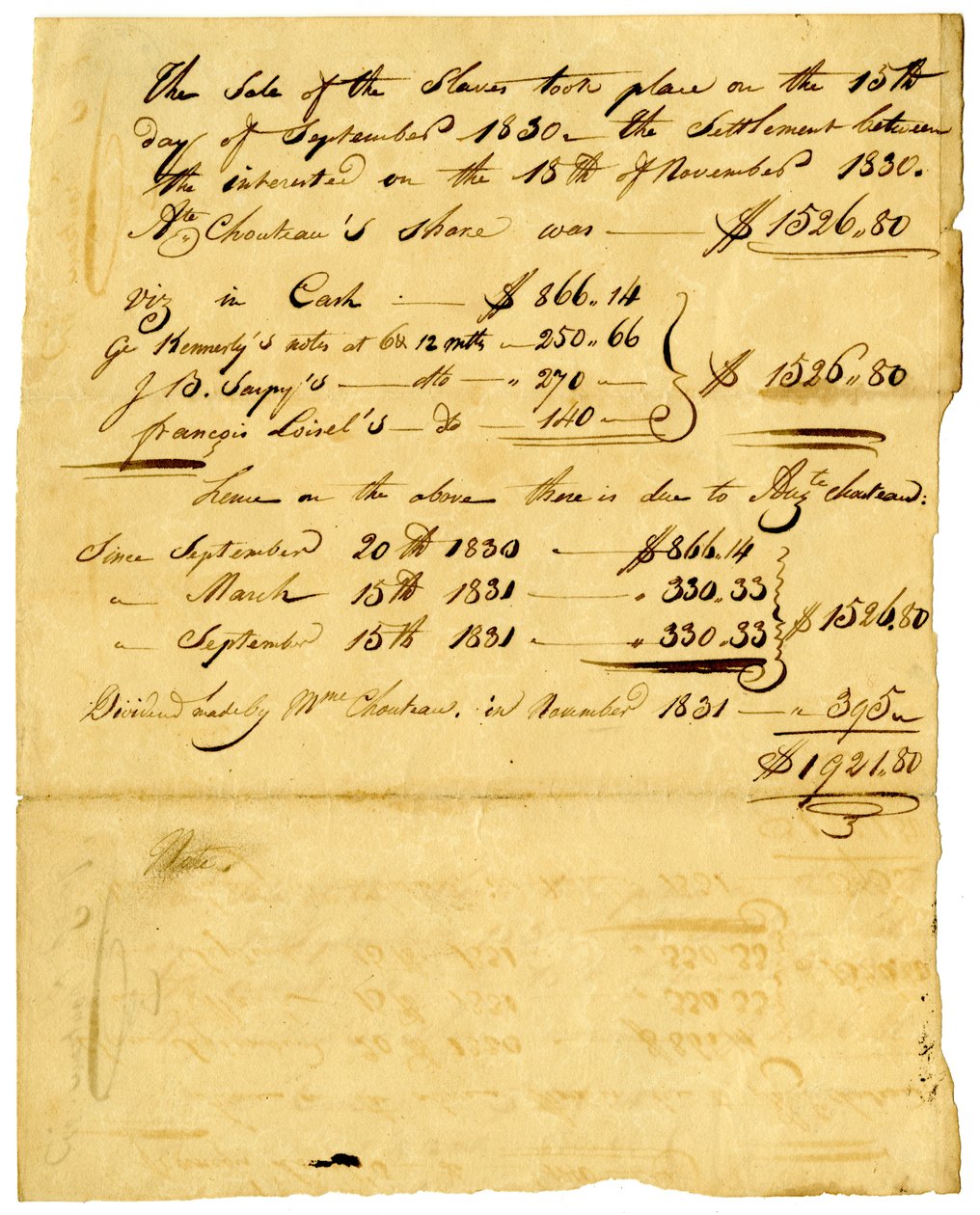 Dokument om salg av slaver og andel som kommer til forskjellige personer, november 1831 av Marie Therese Cerre Chouteau