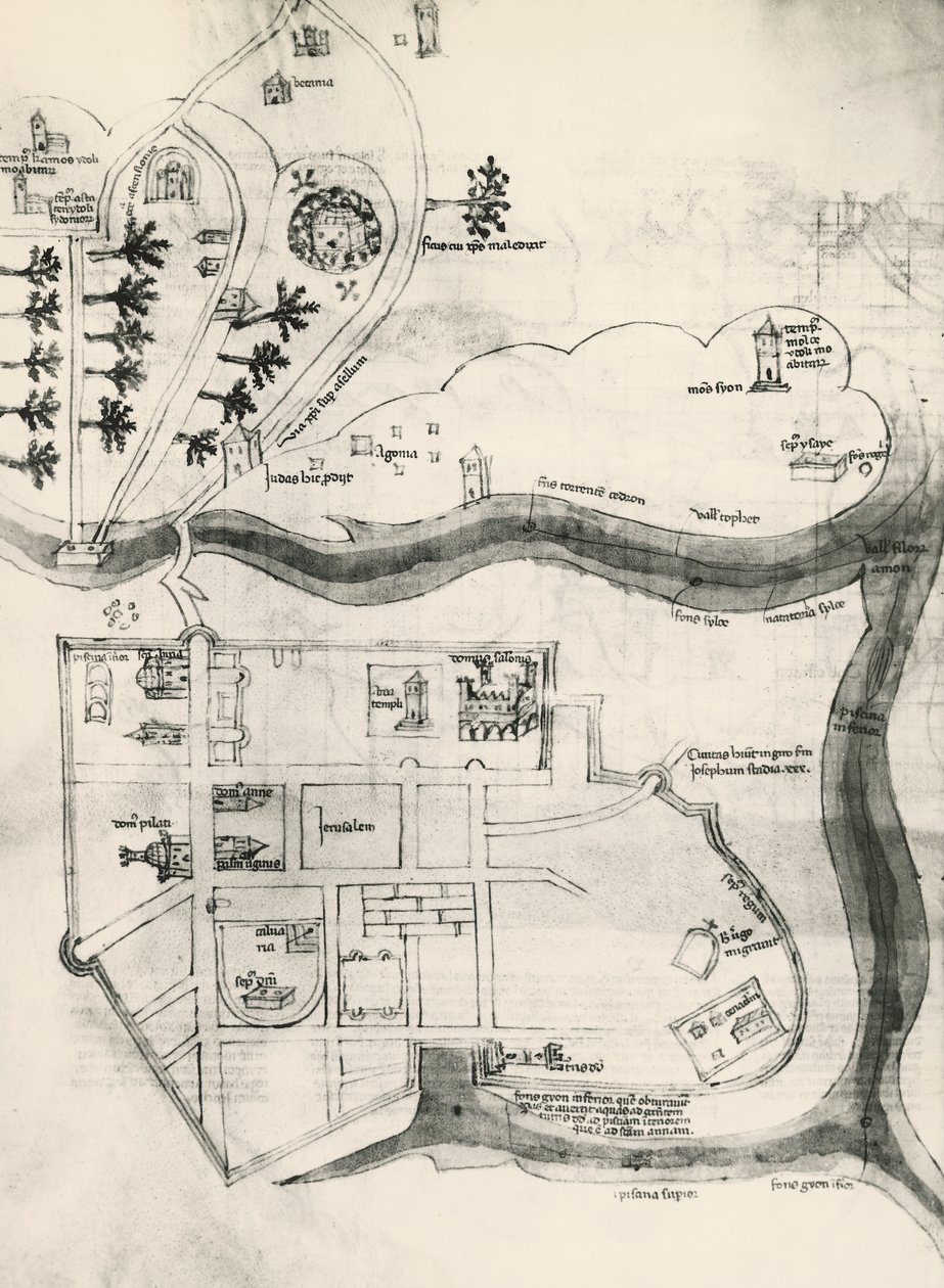 Kart over Jerusalem, fra Book of Secrets of Faithful of Cross (Liber Secretorum Fidelium Crucis) av Marino the Elder (after) Sanuto
