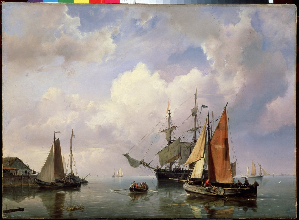 Sjølandskap. (Et sjølandskap). Maleri sjømann Adrian Koekkoek (1807-1870). Olje på lerret. nederlandsk kunst. Statens friluftsmuseum Peterhof, St. Petersburg. av Marinus Adrianus Koekkoek