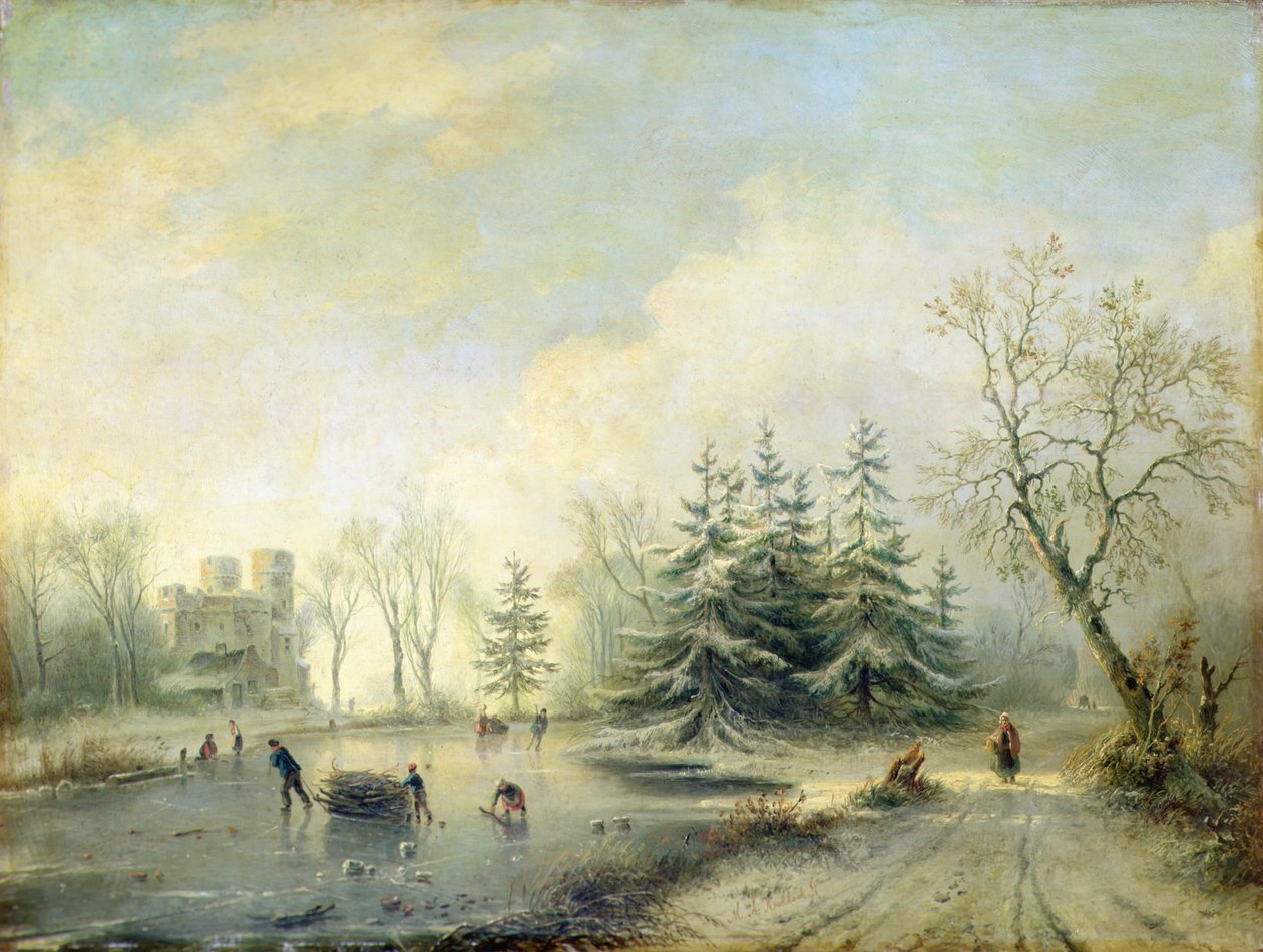 Trær, slott og skøytefigurer (olje på panel) av Marinus Adrianus Koekkoek