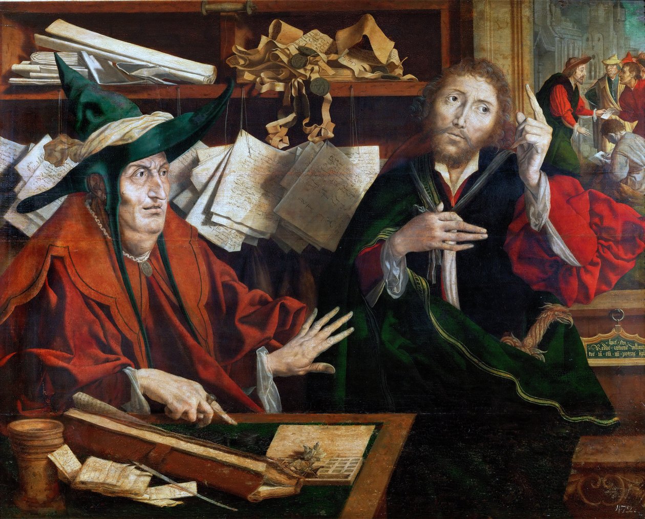 La parabole du gerant malhonnete - Lignelsen om den urettferdige forvalteren, av Reymerswaele, Marinus Claesz, van (ca. 1490-etter 1567). Olje på tre, ca.1540. Mål: 77x96,5 cm. Kunsthistorisk museum, Vienne av Marinus van Reymerswaele