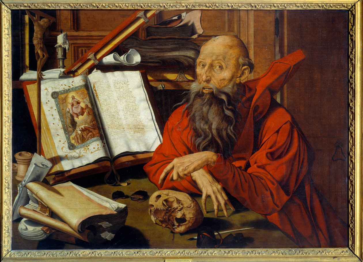 Saint Jerome Meditant - Maleri (Vanita) av Marinus Claeszoon van Reymerswaele (1493 - 1567) Ec. Hol. av Marinus van Reymerswaele