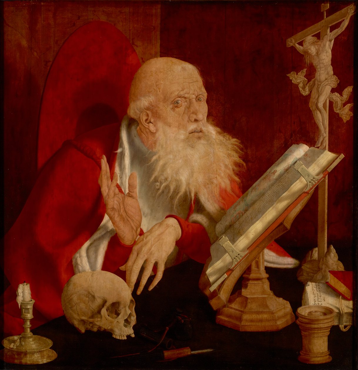 Saint Jerome dans sa cellule - Saint Jerome in his Cell, av Reymerswaele, Marinus Claesz, van (ca. 1490-etter 1567). Olje på tre, ca 1545. Mål: 84,3x82,5 cm. Brukenthal nasjonalmuseum, Sibiu av Marinus van Reymerswaele
