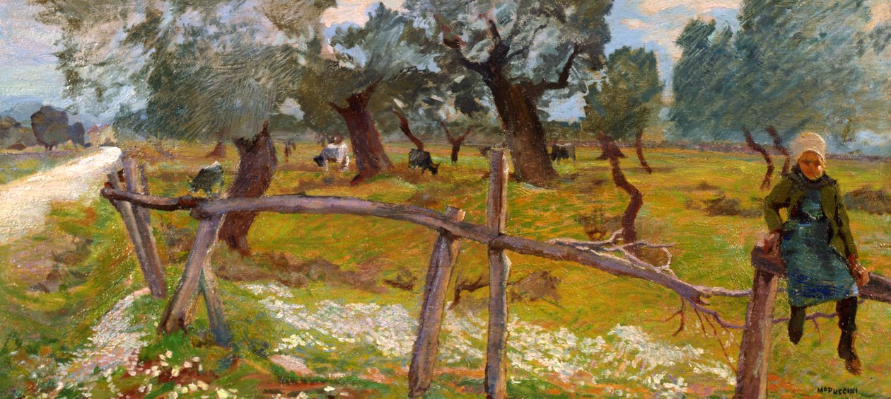 Olivenlund med bonde av Mario Puccini