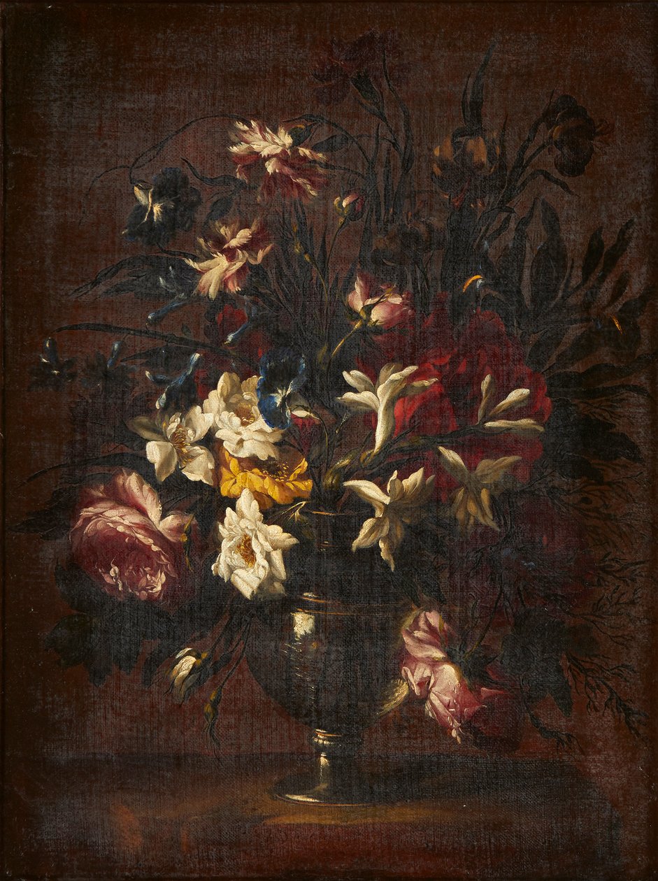 Et stilleben av blomster i en glassvase (olje på lerret) av Mario (attr.to) Nuzzi