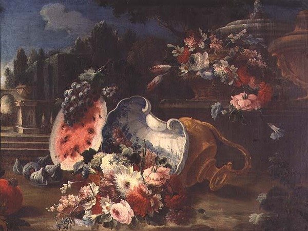 Stilleben, blandede blomster og frukt nær en fontene av Mario (follower of) Nuzzi