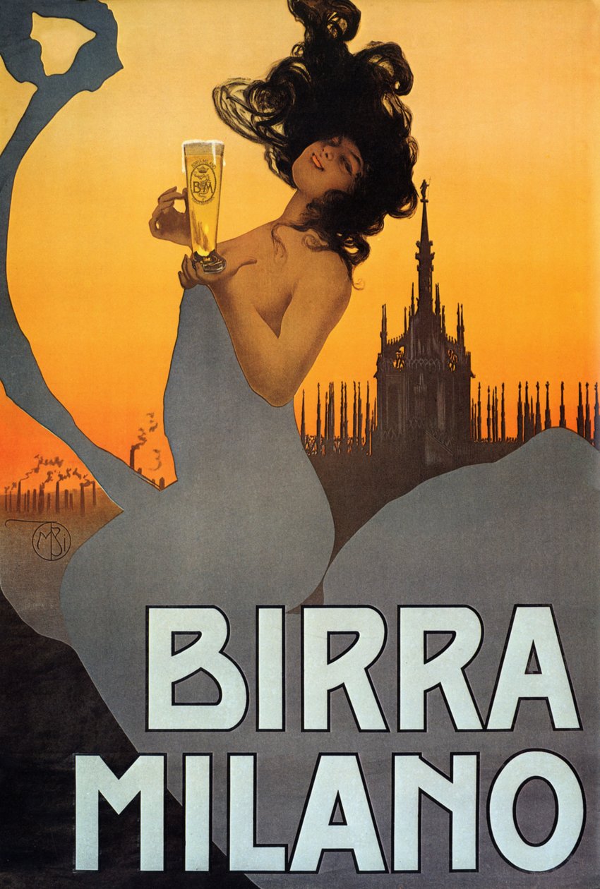 Plakatreklame Birra Milano, Italia, ca. 1900 (litho-farge) av Mario Borgoni