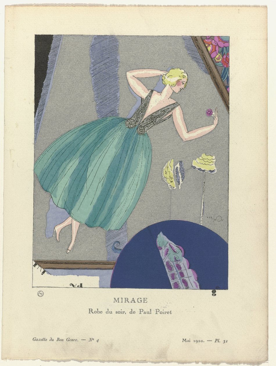 Gazette du Bon Ton, 1920 - nr. 4, Pl. 31: Mirage. / Aftenkjole, av Paul Poiret. (tittel på objekt) av Mario Simon