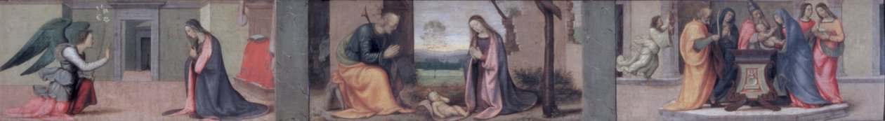 Bebudelsen; Fødselen; The Presentation in the Temple, predella panel til The Visitation of St. Elizabeth to the Madonna, 1503 (panel) (se også 50335) av Mariotto Albertinelli