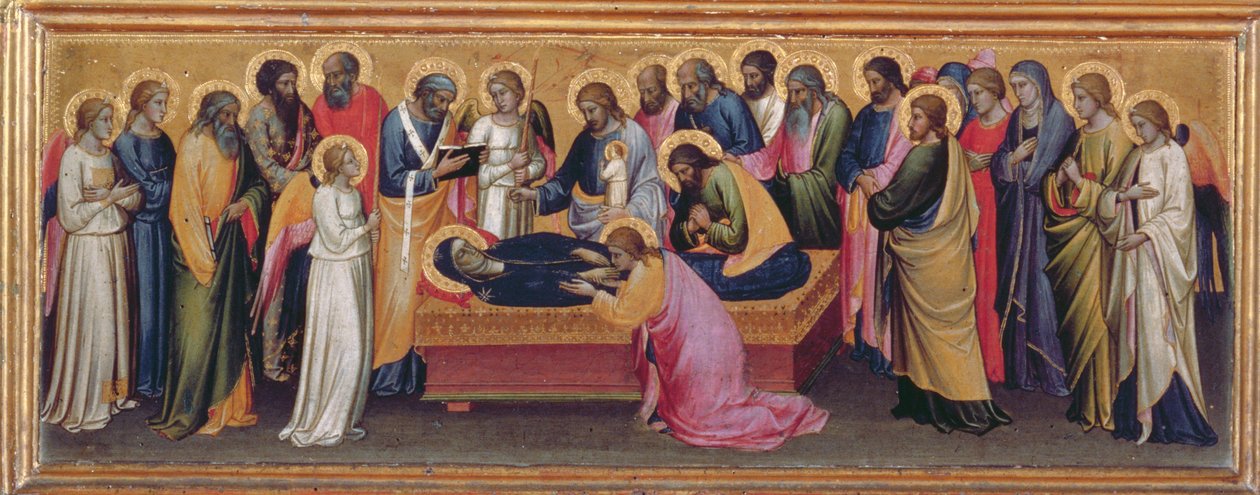 Madonna og barn med hellige, detalj fra predellaen til The Death of the Virgin-tempera på paneldetalj av 80340 av Mariotto di Nardo